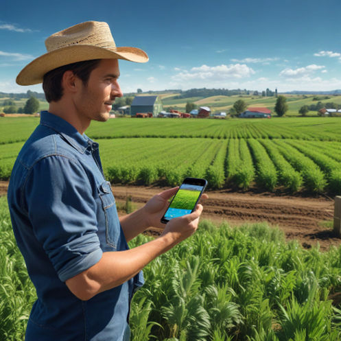 A vibrant farm scene with a farmer holding a smartphone, surrounded by lush crops and eco-friendly signage.