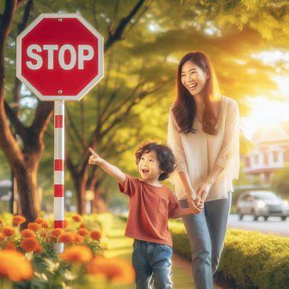 child pointing at the stop sign