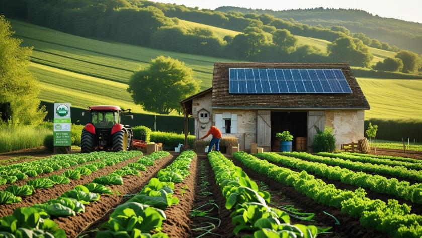 French eco-farm with green crops, solar panels, and farmer tending organic field.