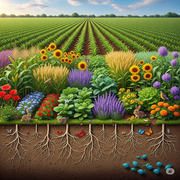 A vibrant agricultural landscape with a variety of crops, flowers, and animals coexisting.