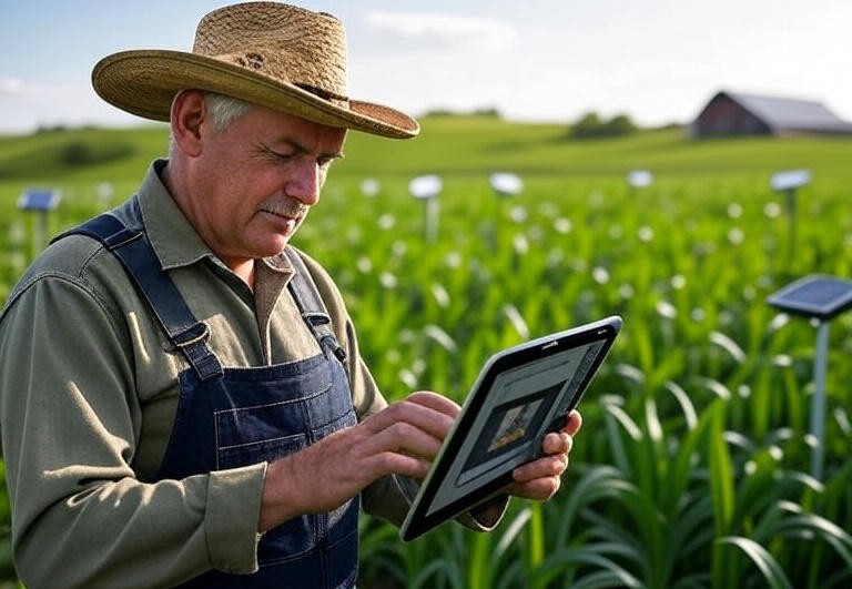 farmer using a tablet to monitor crops