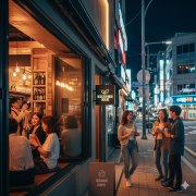 A vibrant nighttime street scene in Seoul, South Korea, depicting a trendy bar or pub with a focus on eco-conscious drinks and nightlife. 