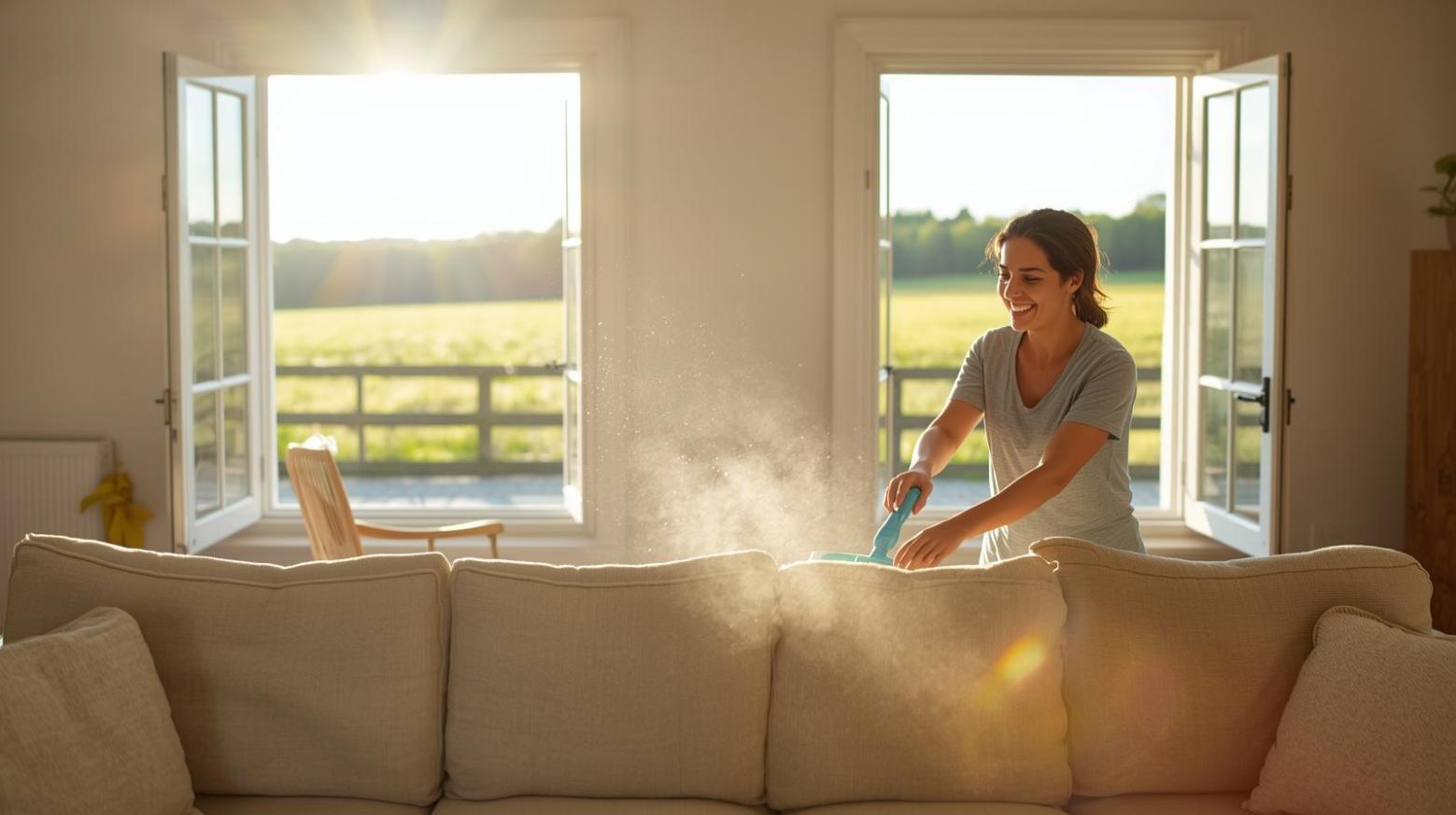 Smiling cleaner refreshes farmhouse sofa as sunlight streams through rural window scene.
