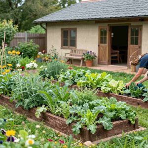 Charming farmhouse garden with raised vegetable beds, herbs, and flowers, person harvesting vegetables in a rustic homestead setting
