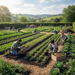 Small regenerative farm with diverse crops, healthy soil, farmers working in fields with greenery and natural landscape, sustainable farming scene
