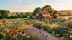 Charming small-scale farm with vibrant pollinator gardens, bees and butterflies flying around native flowers