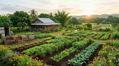sustainable farm with vegetable crops, healthy soil, compost area, flowering plants attracting pollinators, wooden farmhouse, and surrounding green landscape
